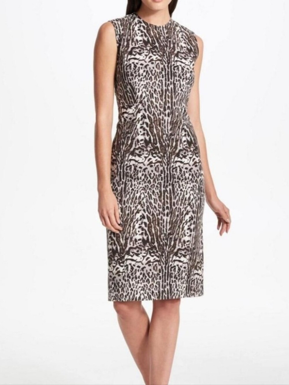 Donna Karan Sleeveless Animal-Print Midi Dress in Gray and Cream